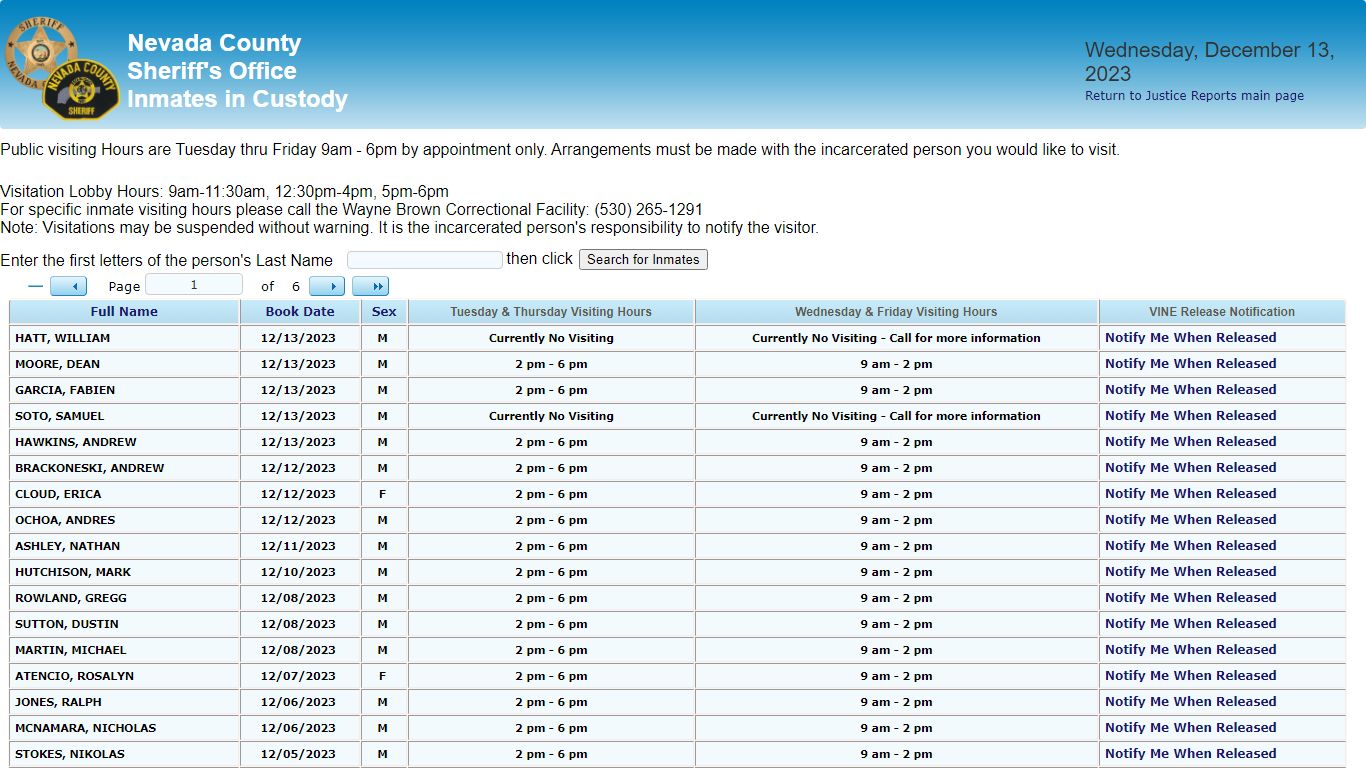Inmates in Custody - County of Nevada Public Reporting